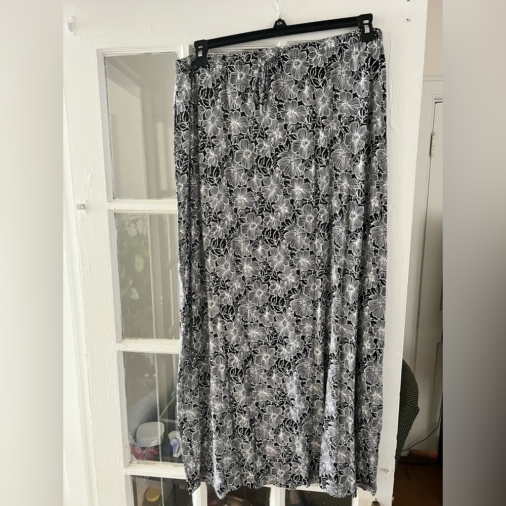 Black and White Floral Maxi Skirt with Tie Front and Slit